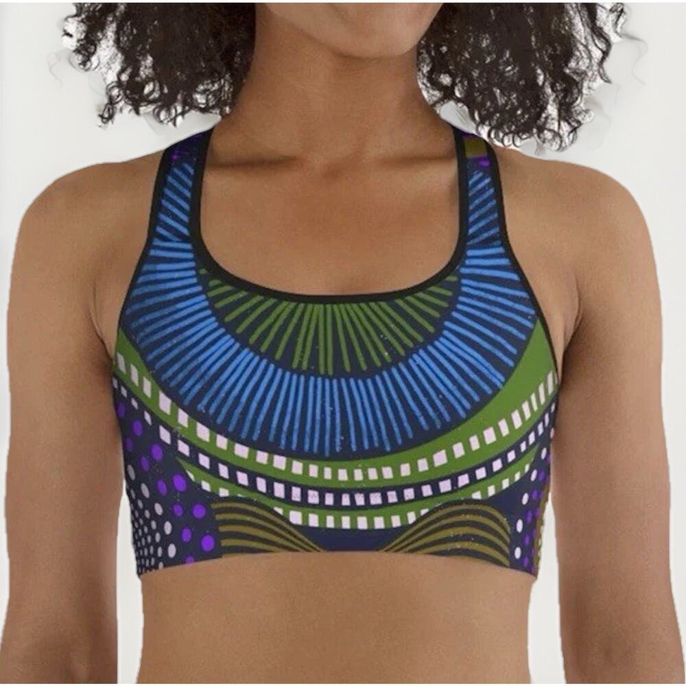 Loony Legs London Printed Sports Bra XL Blue‎ Green Ethno Pop Stretchy Support